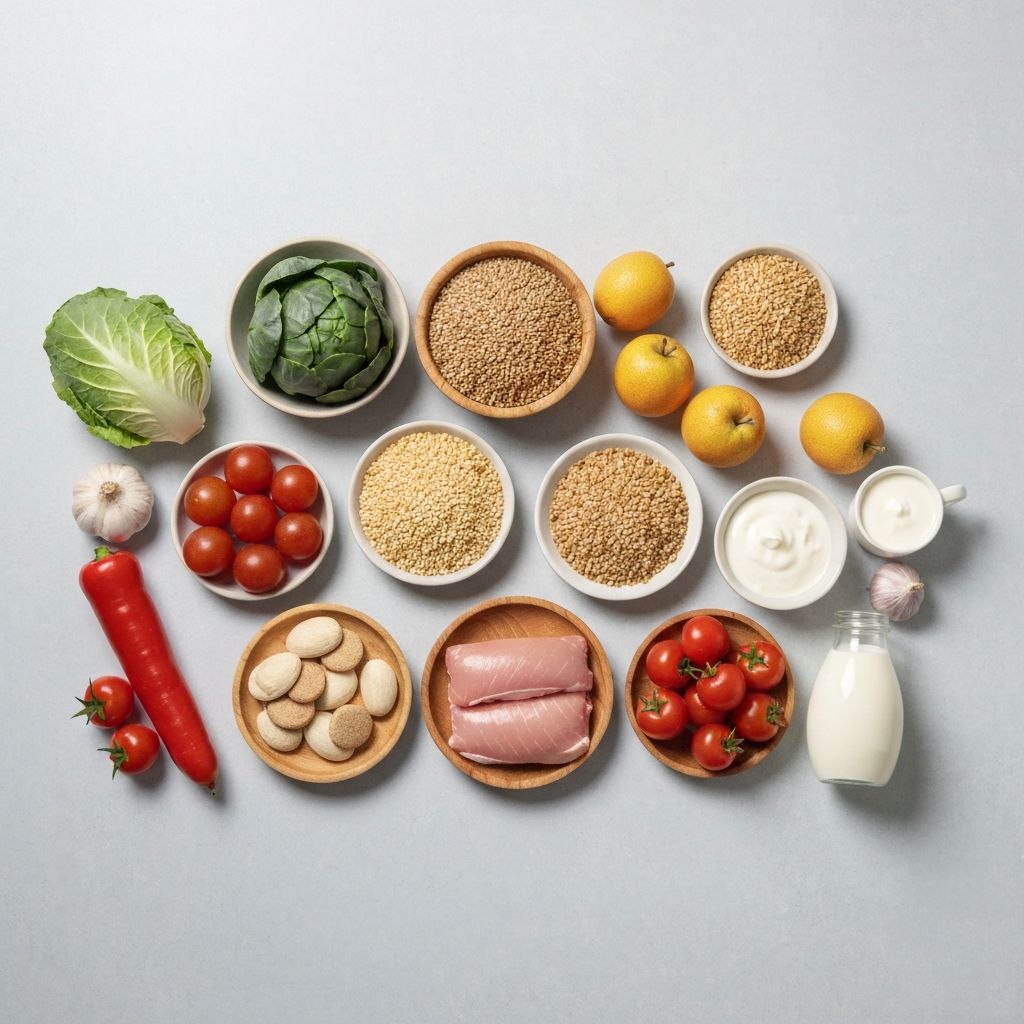 Essential food groups and nutrients arranged