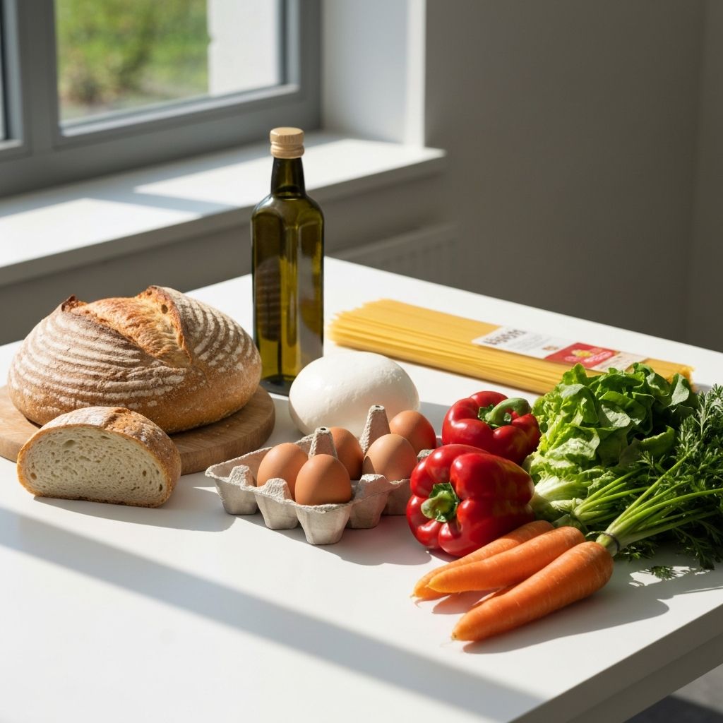 Various everyday foods arranged on a table